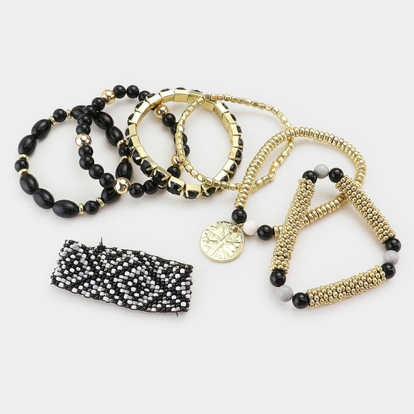 Black Gold Beaded 7 PC Stretch Layered Bracelets - Picture 2 of 4